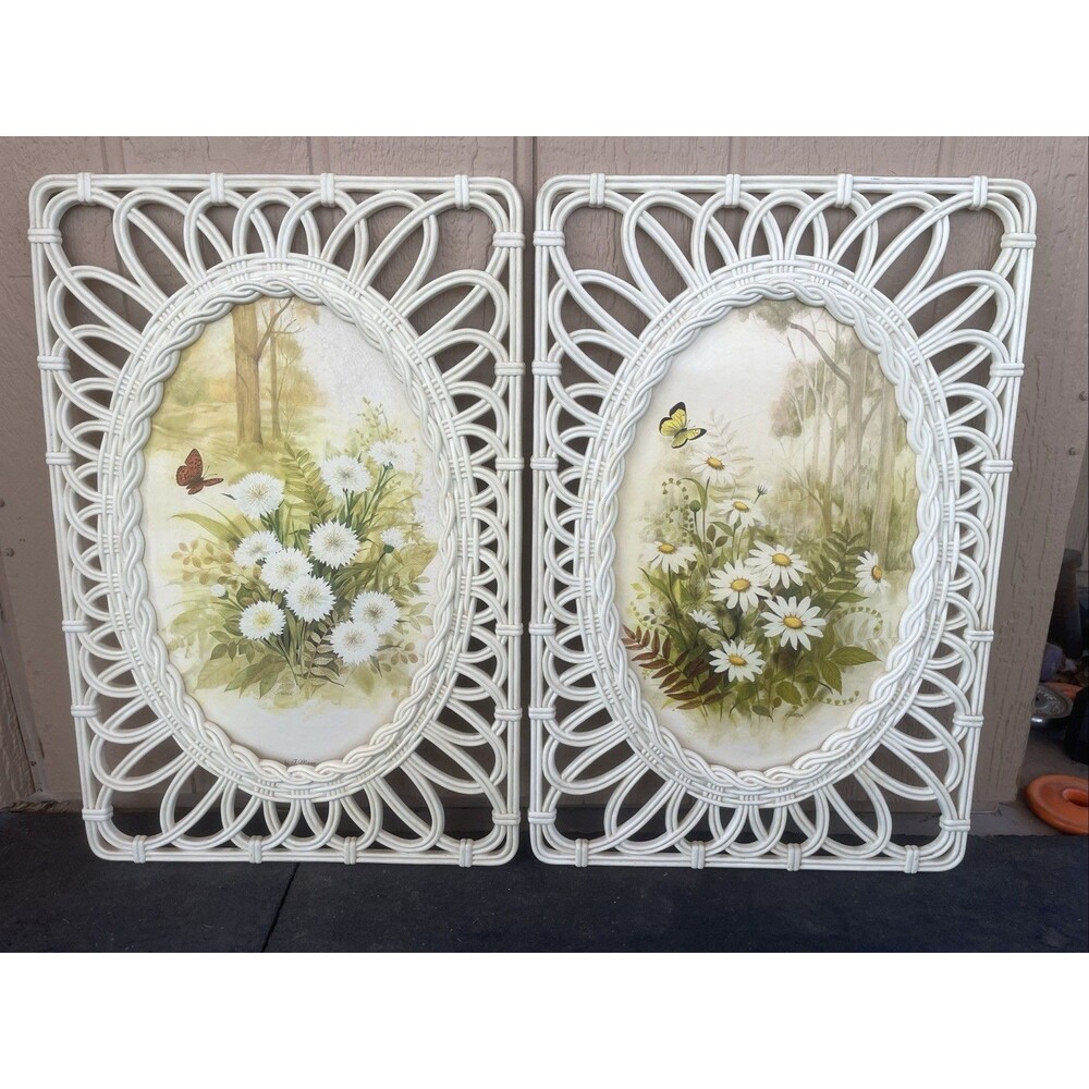VTG Pair SYROCO Plastic Wicker Bamboo Framed Butterfly Floral Prints Boho 1977